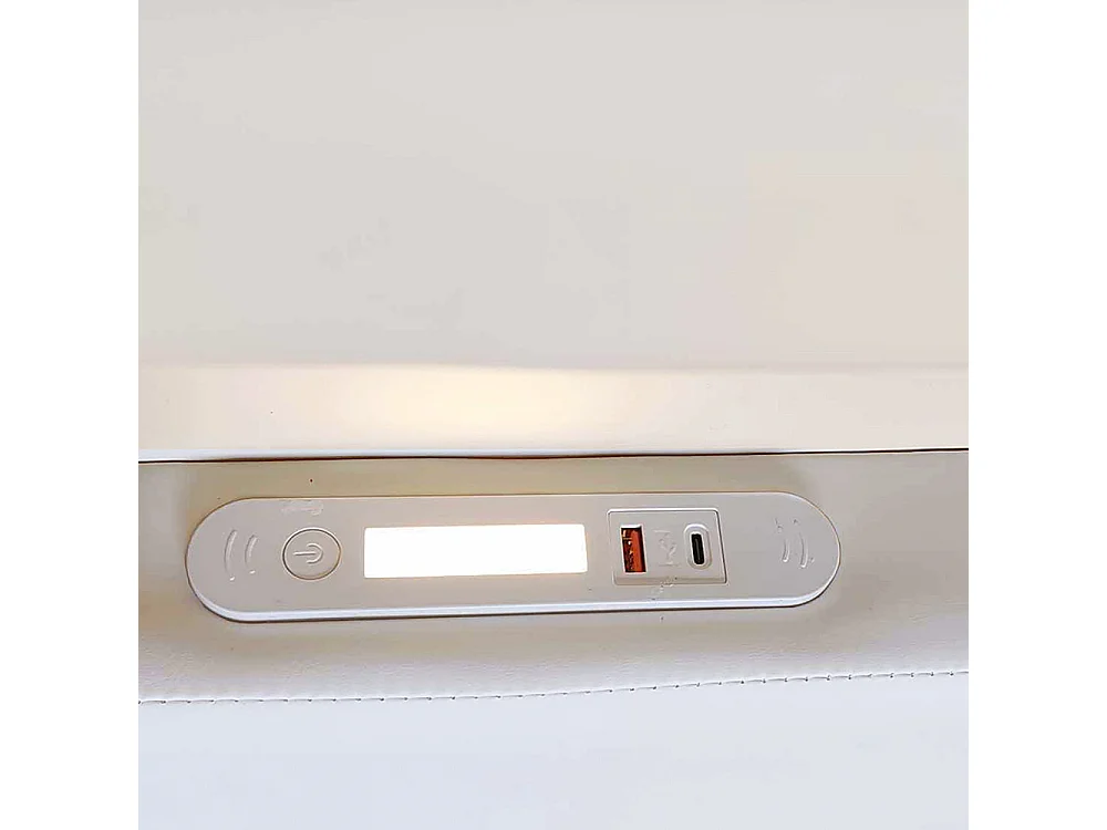 Lit enfant rembourré 90 x 200 cm - avec veilleuse - port USB - tiroir - compartiments de rangement - cuir synthétique - blanc