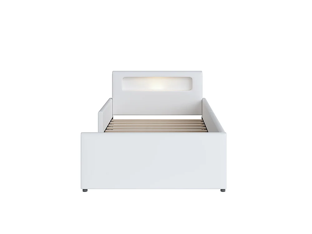 Lit enfant rembourré 90 x 200 cm - avec veilleuse - port USB - tiroir - compartiments de rangement - cuir synthétique - blanc
