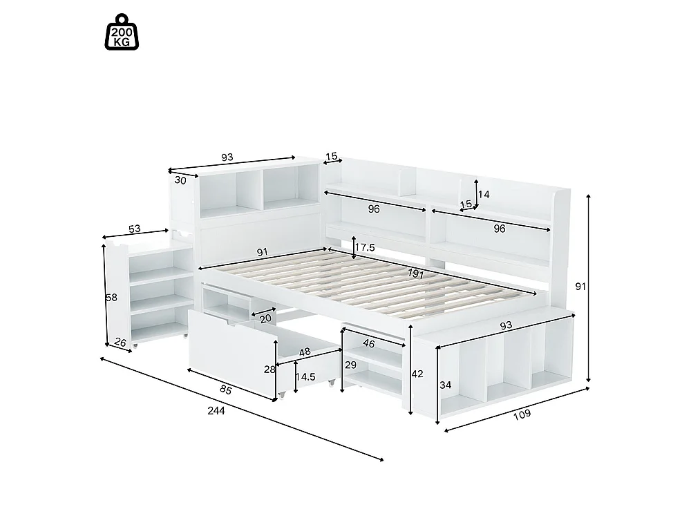 Lit enfant 90x190 cm, Lit simple avec tiroirs et étagères de rangement, Cadre de lit avec tables de chevet, sommier à lattes, blanc