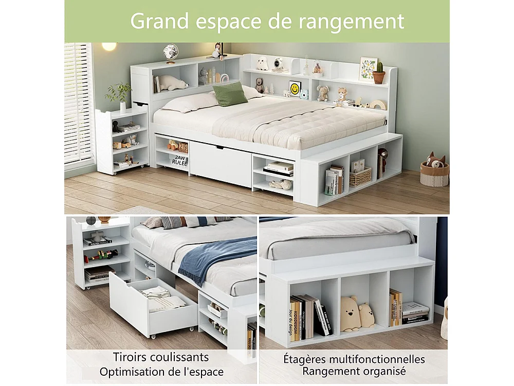 Lit enfant 90x190 cm, Lit simple avec tiroirs et étagères de rangement, Cadre de lit avec tables de chevet, sommier à lattes, blanc