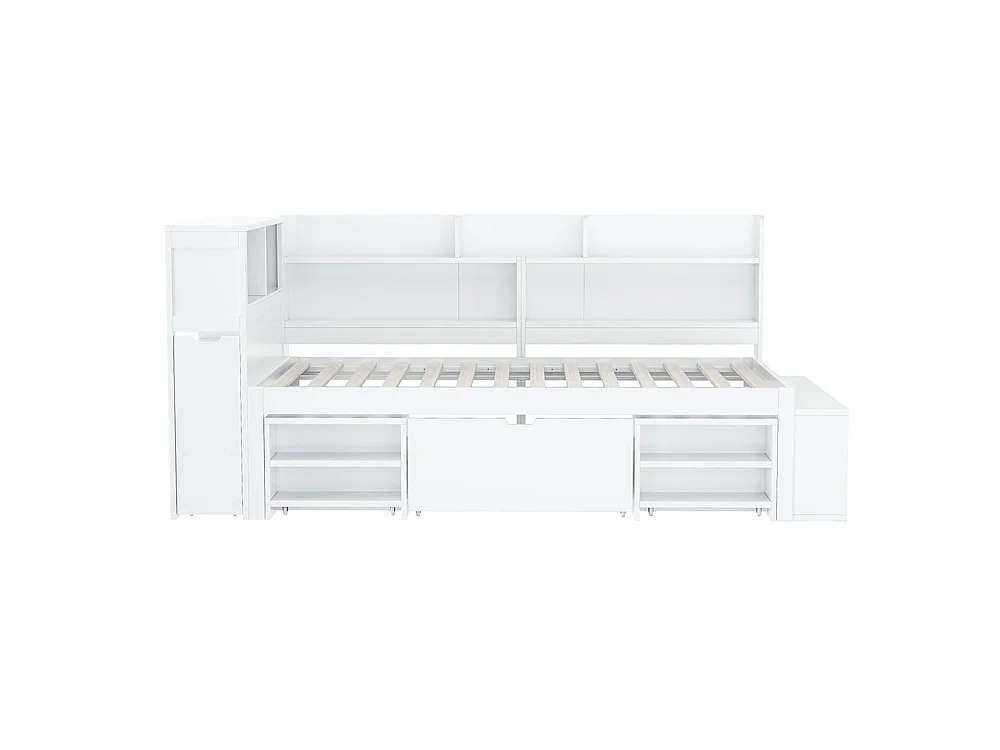 Lit enfant 90x190 cm, Lit simple avec tiroirs et étagères de rangement, Cadre de lit avec tables de chevet, sommier à lattes, blanc