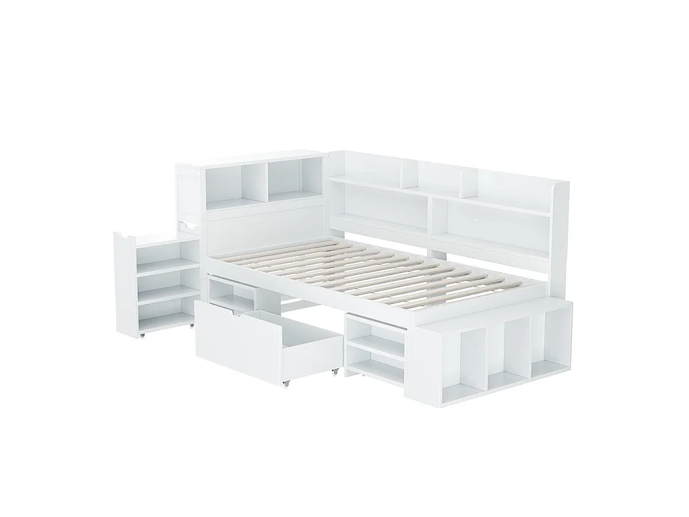 Lit enfant 90x190 cm, Lit simple avec tiroirs et étagères de rangement, Cadre de lit avec tables de chevet, sommier à lattes, blanc