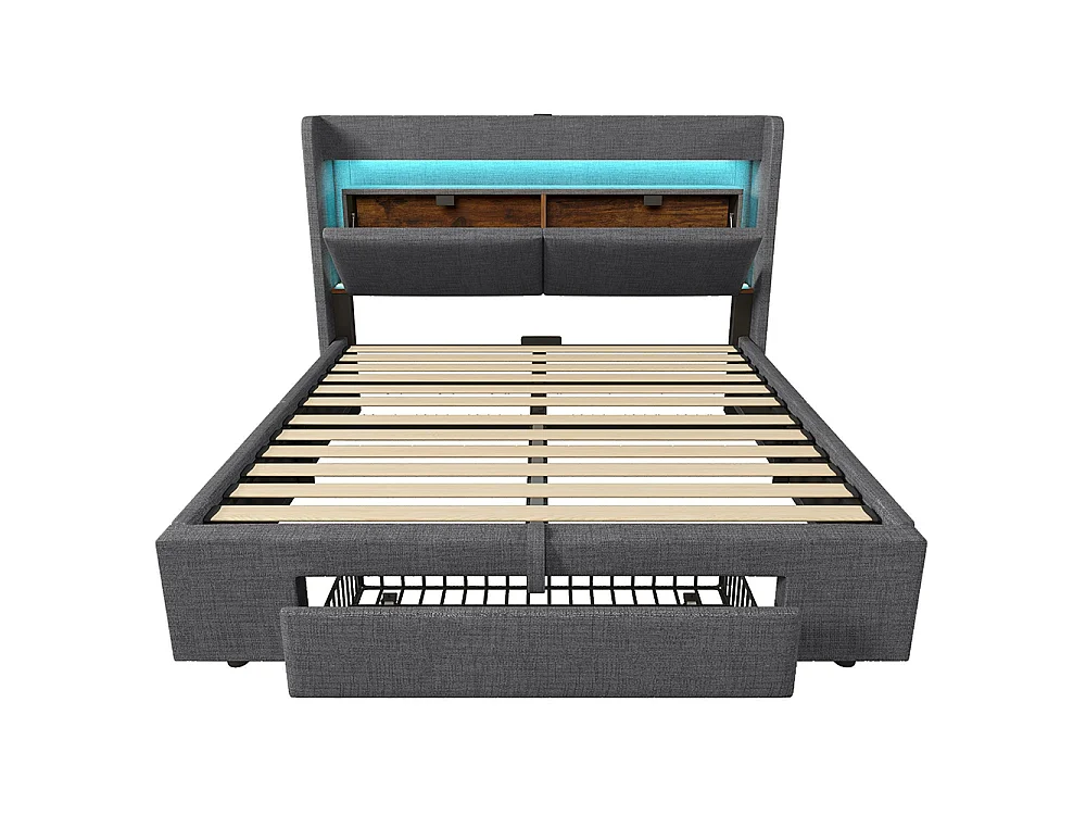 Lit coffre rembourré 140x200 cm - avec LED et Ports USB - 1 tiroir - Tête de lit avec rangement - Sommier à lattes - Lin - Gris