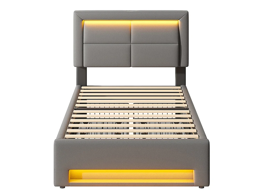 Lit simple 90 x 190 cm lit adulte - avec port USB (Charge sans Fil) - éclairage LED - 4 tiroirs - PU - Gris