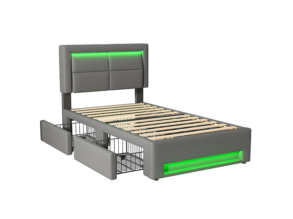 Lit simple 90 x 190 cm lit adulte - avec port USB (Charge sans Fil) - éclairage LED - 4 tiroirs - PU - Gris