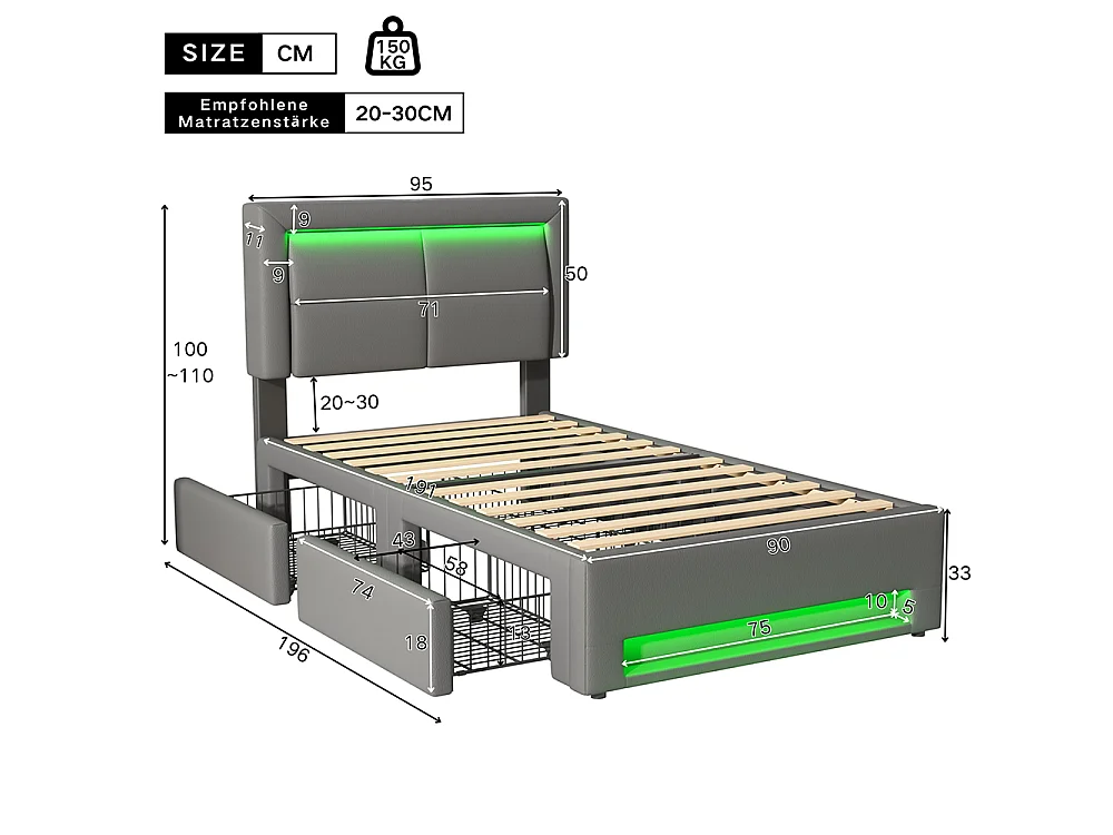 Lit simple 90 x 190 cm lit adulte - avec port USB (Charge sans Fil) - éclairage LED - 4 tiroirs - PU - Gris