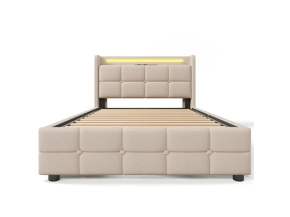 Lit rembourré simple 90x200 cm avec éclairage LED et 2 tiroirs, Tête de lit avec étagère, USB, Sommier à lattes, Tissu lin, Beige