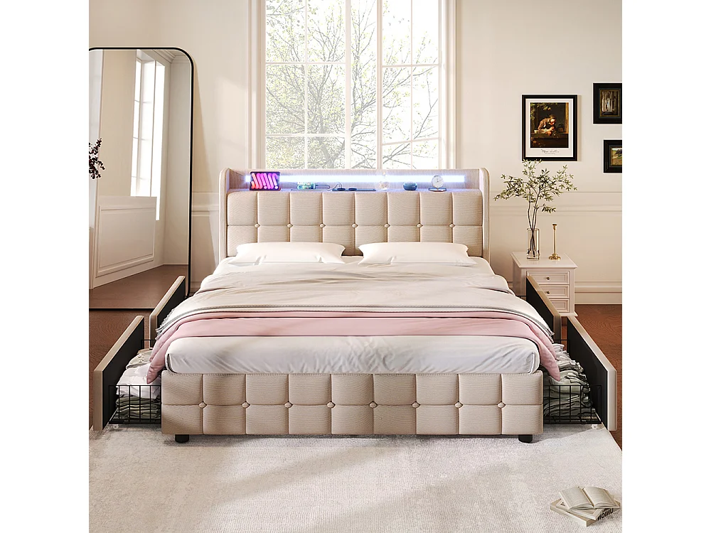 Lit rembourré double 180x200 cm avec éclairage LED et 4 tiroirs, Tête de lit avec étagère, USB, Sommier à lattes, Tissu lin, Beige