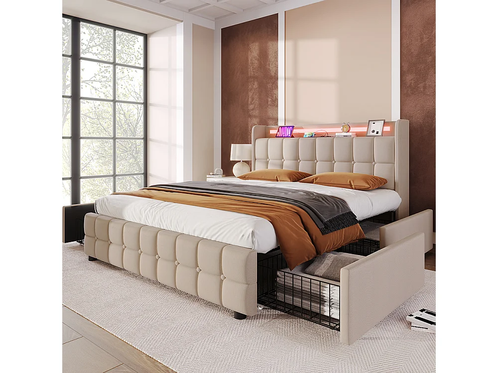 Lit rembourré double 180x200 cm avec éclairage LED et 4 tiroirs, Tête de lit avec étagère, USB, Sommier à lattes, Tissu lin, Beige