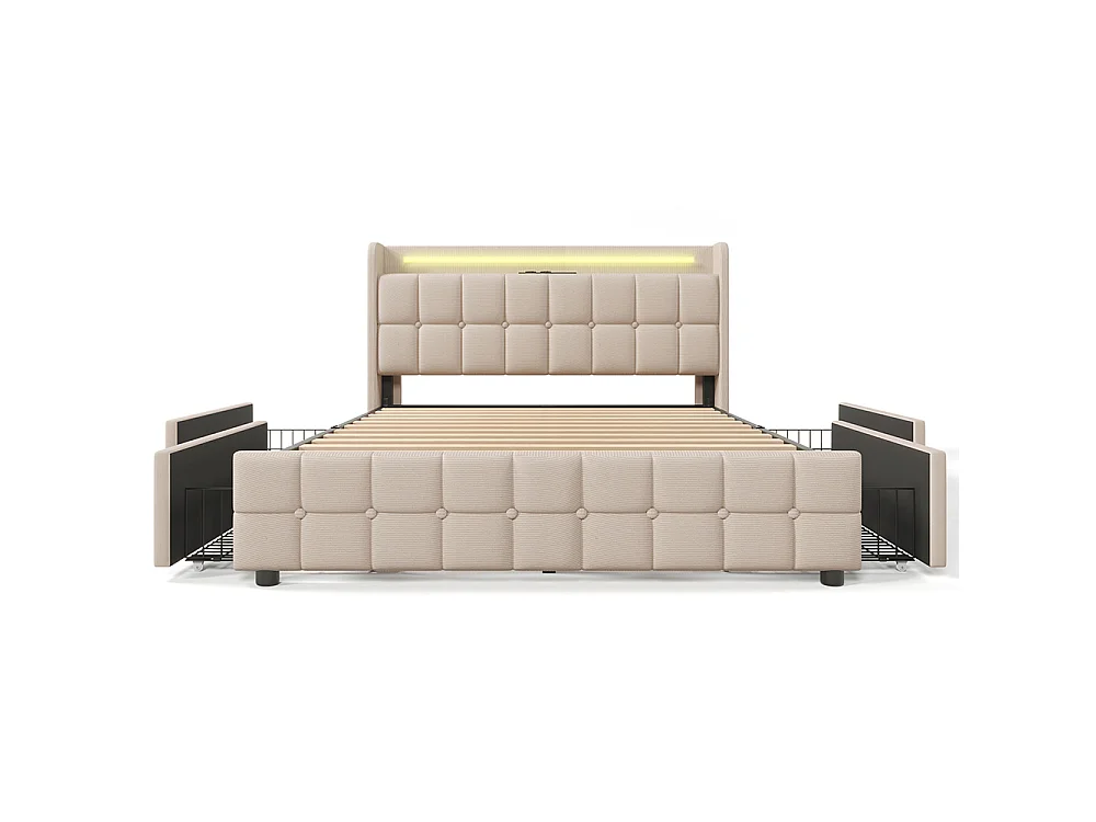 Lit rembourré double 180x200 cm avec éclairage LED et 4 tiroirs, Tête de lit avec étagère, USB, Sommier à lattes, Tissu lin, Beige