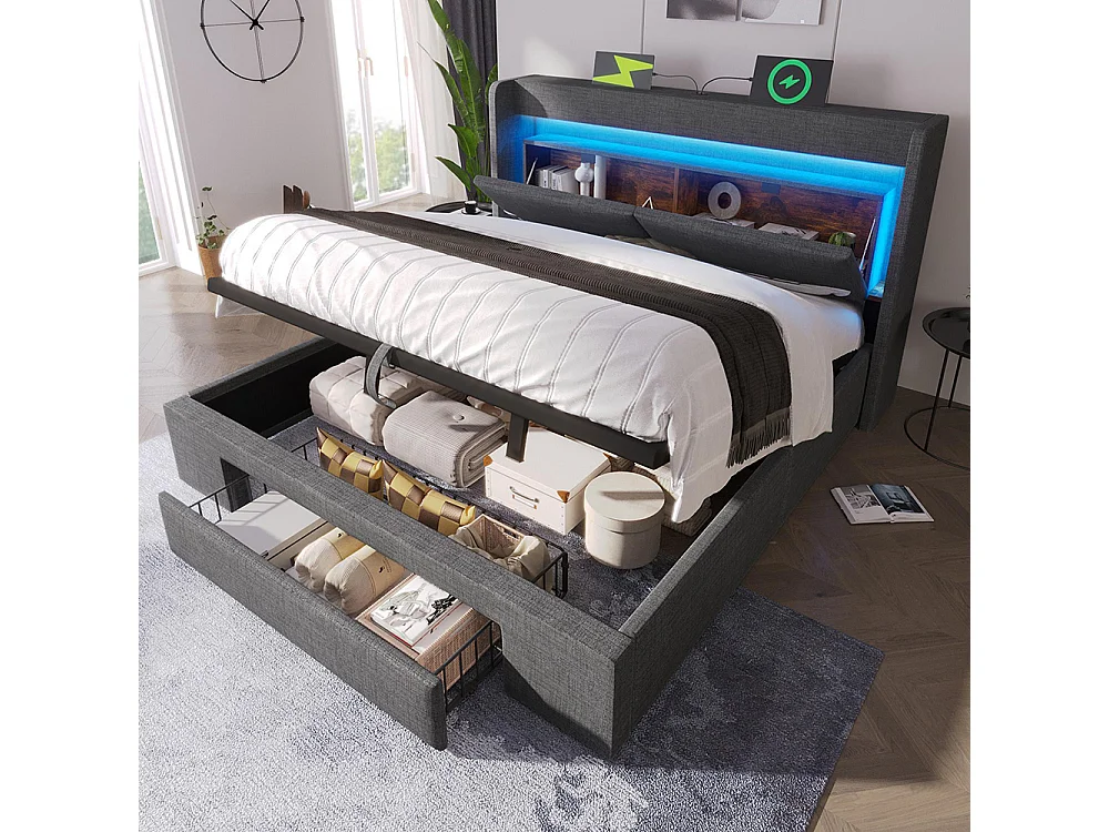Lit coffre rembourré 180x200 cm - avec LED et Ports USB - 1 tiroir - Tête de lit avec rangement - Sommier à lattes - Lin - Gris