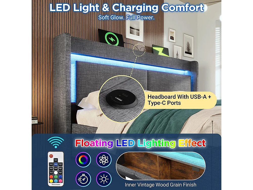 Lit coffre rembourré 180x200 cm - avec LED et Ports USB - 1 tiroir - Tête de lit avec rangement - Sommier à lattes - Lin - Gris