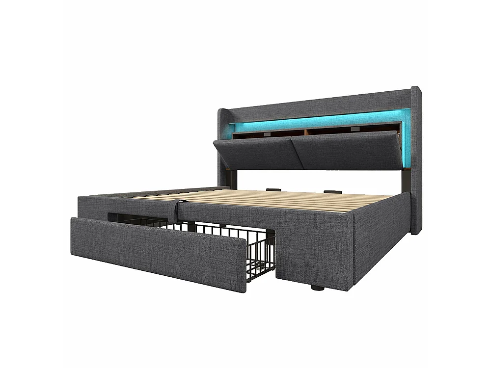 Lit coffre rembourré 180x200 cm - avec LED et Ports USB - 1 tiroir - Tête de lit avec rangement - Sommier à lattes - Lin - Gris