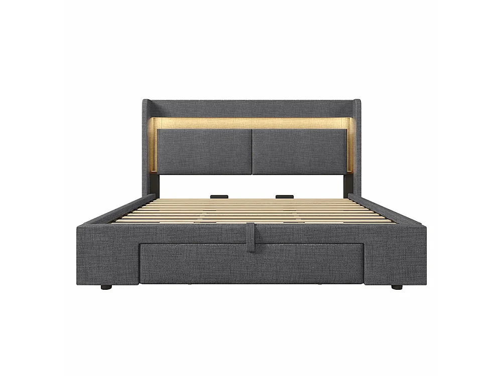 Lit coffre rembourré 180x200 cm - avec LED et Ports USB - 1 tiroir - Tête de lit avec rangement - Sommier à lattes - Lin - Gris