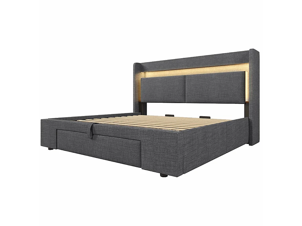 Lit coffre rembourré 180x200 cm - avec LED et Ports USB - 1 tiroir - Tête de lit avec rangement - Sommier à lattes - Lin - Gris