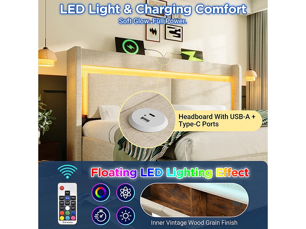 Lit coffre rembourré 180x200 cm - avec LED et Ports USB - 1 tiroir - Tête de lit avec rangement - Sommier à lattes - Lin - Beige