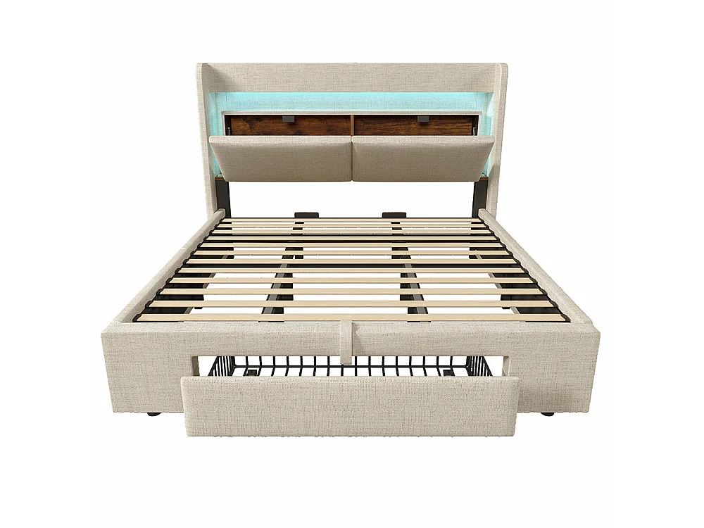 Lit coffre rembourré 180x200 cm - avec LED et Ports USB - 1 tiroir - Tête de lit avec rangement - Sommier à lattes - Lin - Beige