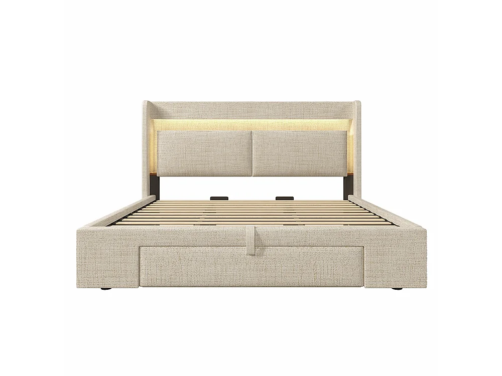 Lit coffre rembourré 180x200 cm - avec LED et Ports USB - 1 tiroir - Tête de lit avec rangement - Sommier à lattes - Lin - Beige