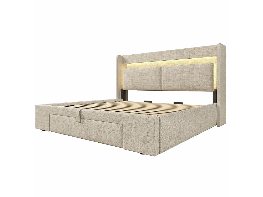 Lit coffre rembourré 180x200 cm - avec LED et Ports USB - 1 tiroir - Tête de lit avec rangement - Sommier à lattes - Lin - Beige