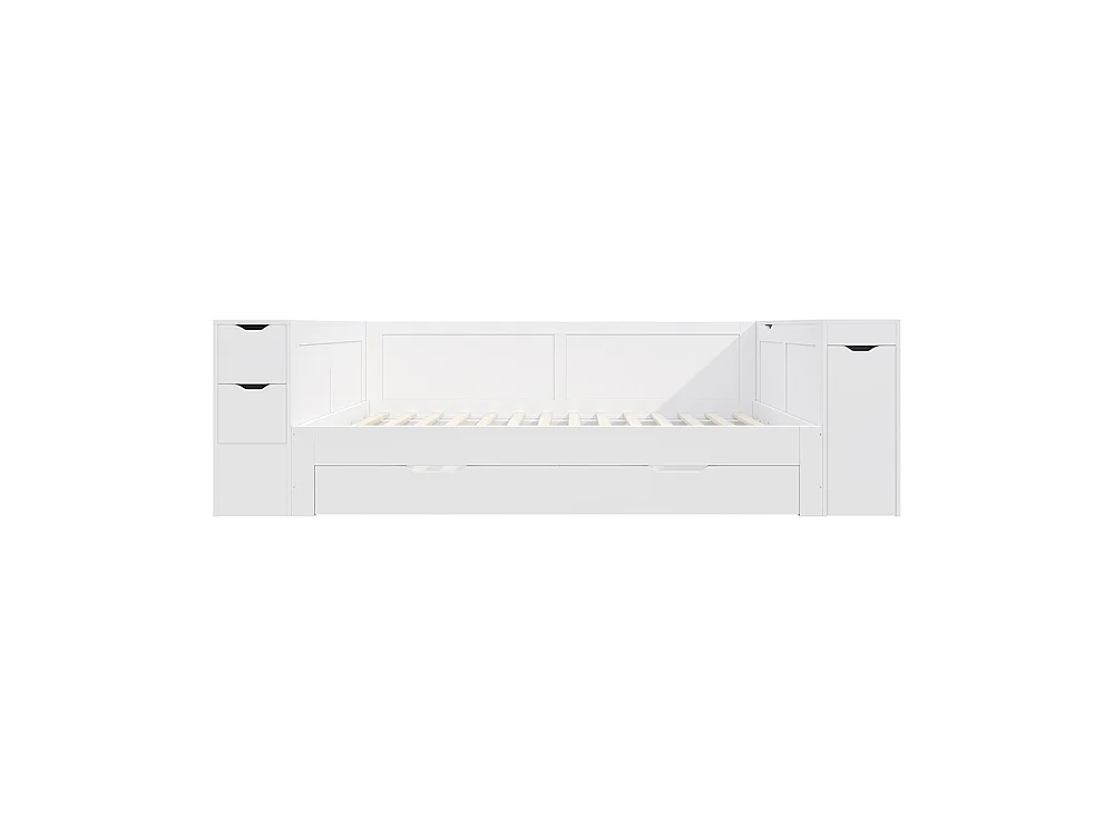 Lit enfant 90x200 cm avec tiroirs, étagères et placards de rangement, Tables de chevet, Sommier à Lattes, Structure en MDF, Blanc