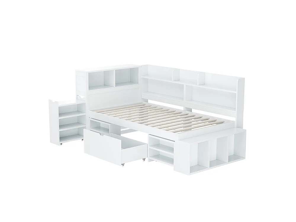 Lit enfant 90x200 cm, Lit simple avec tiroirs et étagères de rangement, Cadre de lit avec tables de chevet, sommier à lattes, blanc