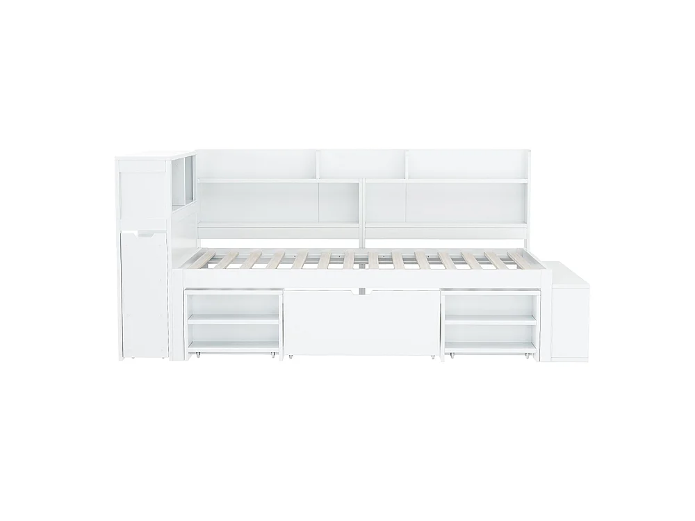 Lit enfant 90x200 cm, Lit simple avec tiroirs et étagères de rangement, Cadre de lit avec tables de chevet, sommier à lattes, blanc