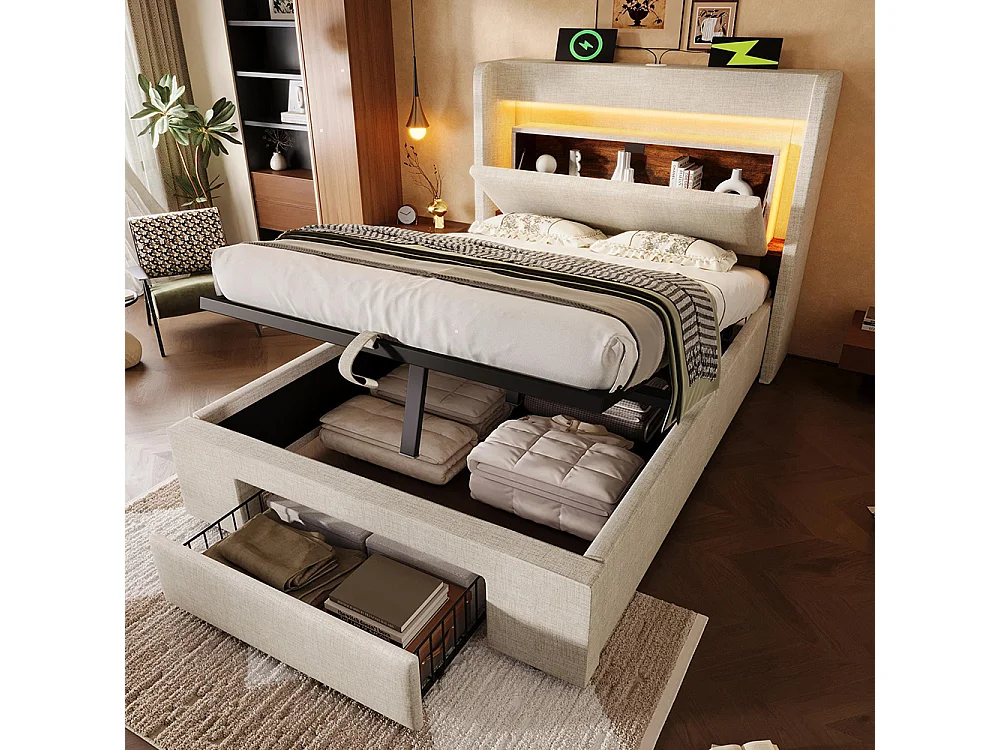 Lit coffre rembourré 90x200 cm - avec LED et Ports USB - 1 tiroir - Tête de lit avec rangement - Sommier à lattes - Lin - Beige