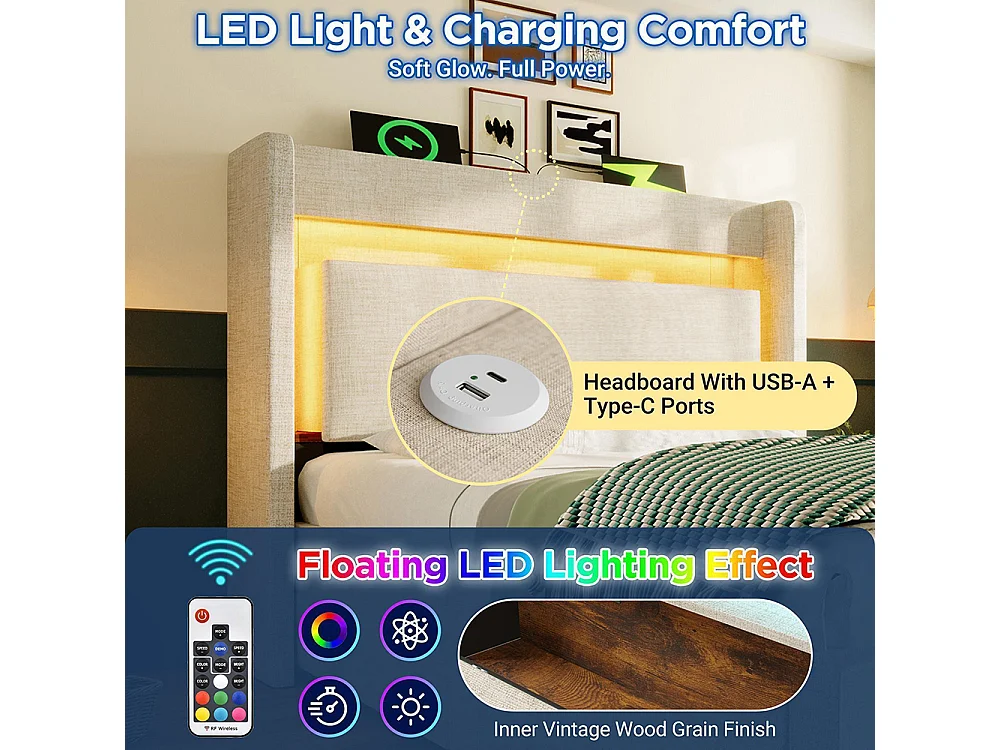Lit coffre rembourré 90x200 cm - avec LED et Ports USB - 1 tiroir - Tête de lit avec rangement - Sommier à lattes - Lin - Beige