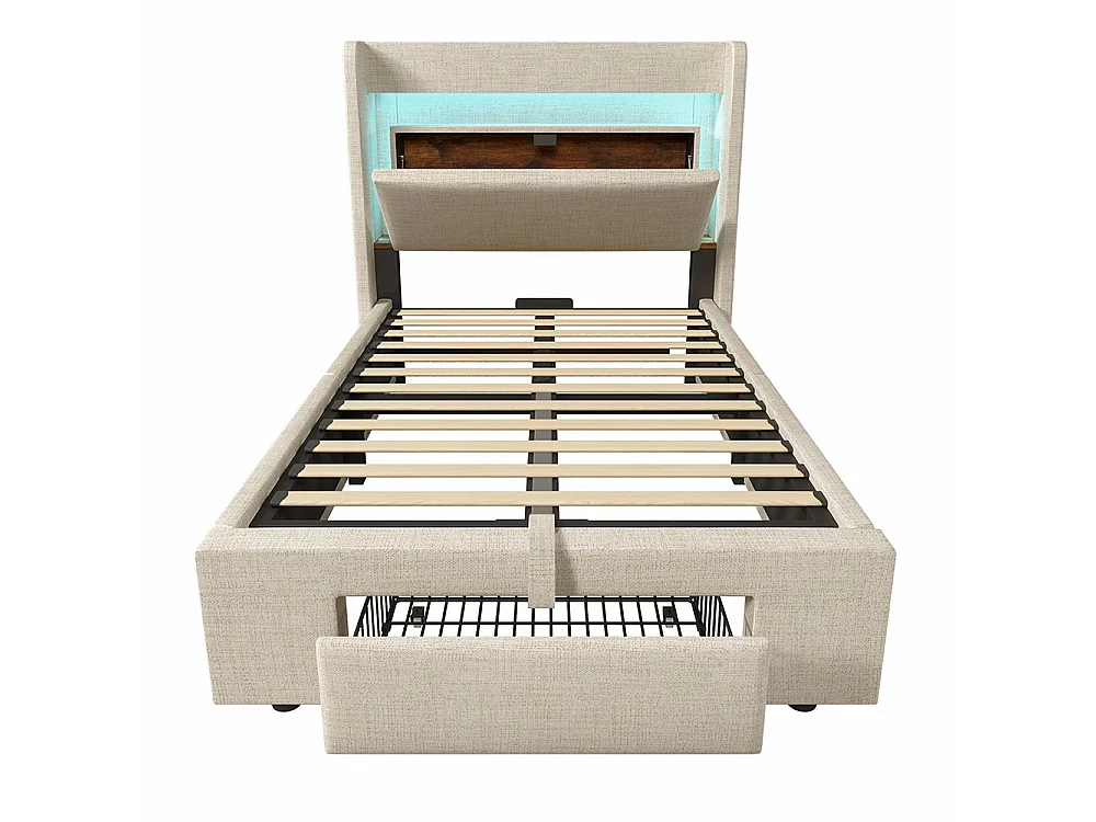 Lit coffre rembourré 90x200 cm - avec LED et Ports USB - 1 tiroir - Tête de lit avec rangement - Sommier à lattes - Lin - Beige