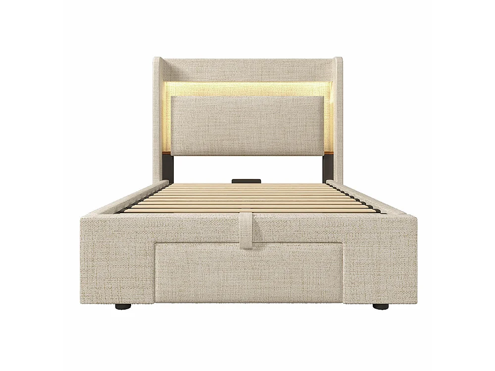Lit coffre rembourré 90x200 cm - avec LED et Ports USB - 1 tiroir - Tête de lit avec rangement - Sommier à lattes - Lin - Beige