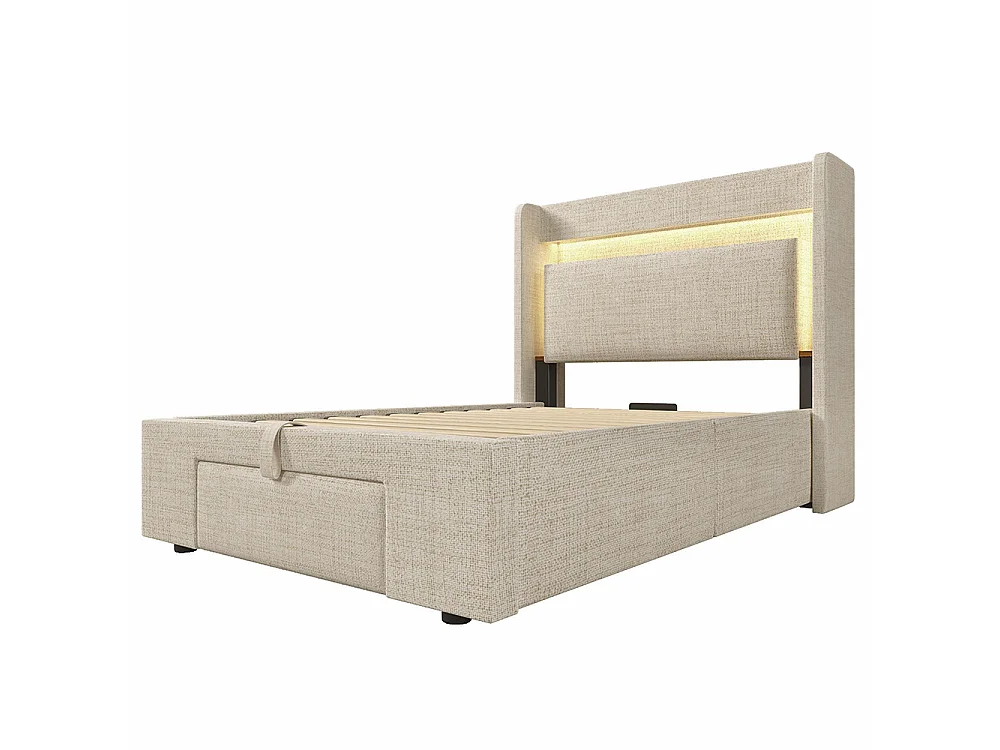 Lit coffre rembourré 90x200 cm - avec LED et Ports USB - 1 tiroir - Tête de lit avec rangement - Sommier à lattes - Lin - Beige