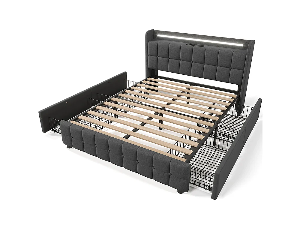 Lit rembourré double 180x200 cm avec éclairage LED et 4 tiroirs, Tête de lit avec étagère, USB, Sommier à lattes, Tissu lin, Gris