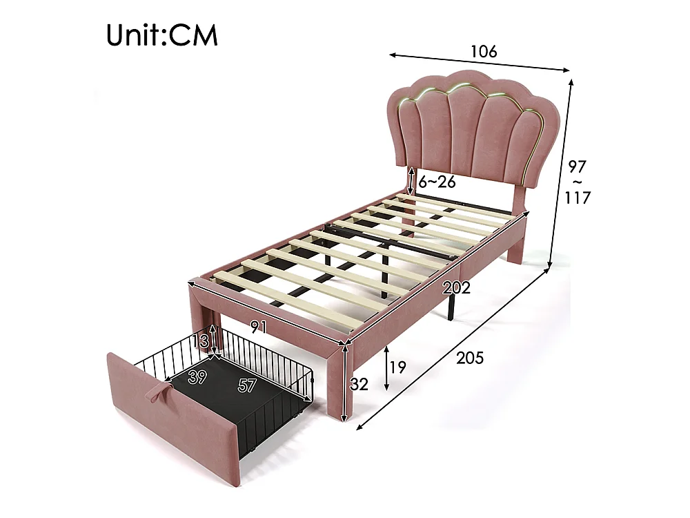 Lit enfant - APP-Control LED - 90x200 cm - Velours rose - LED RVB contrôlable - Sommier inclus - Tiroir