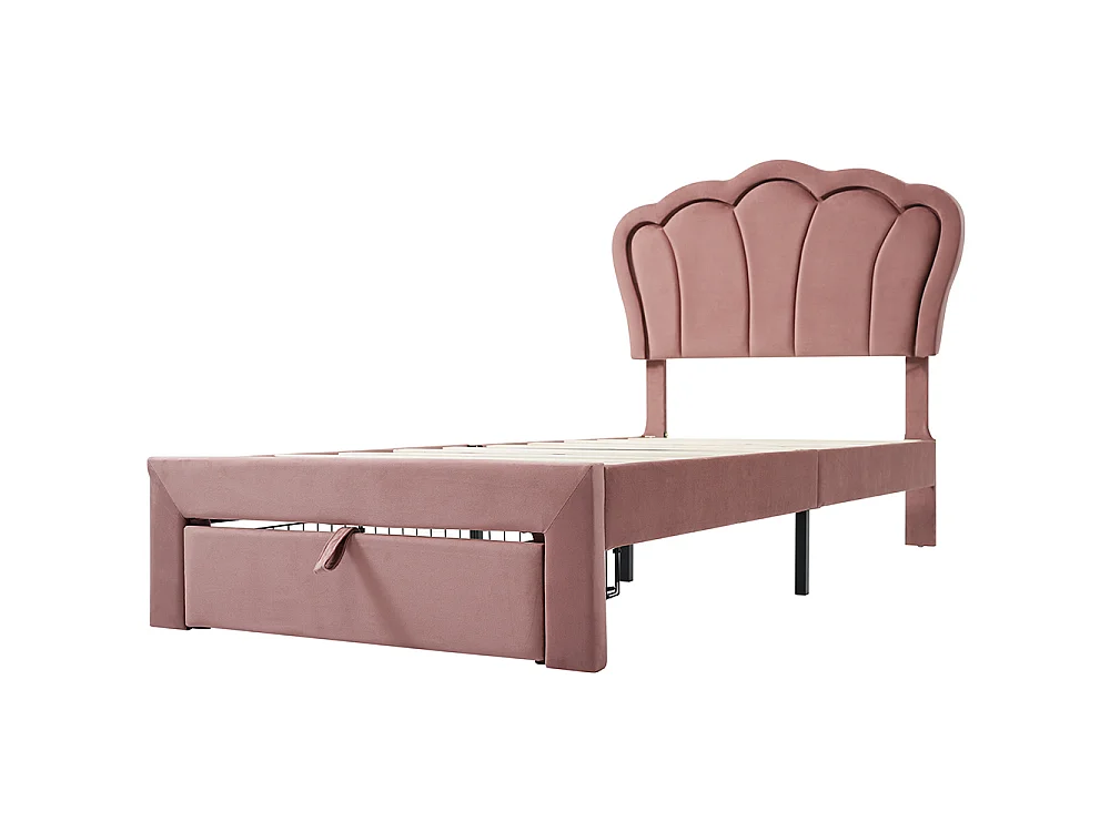 Lit enfant - APP-Control LED - 90x200 cm - Velours rose - LED RVB contrôlable - Sommier inclus - Tiroir