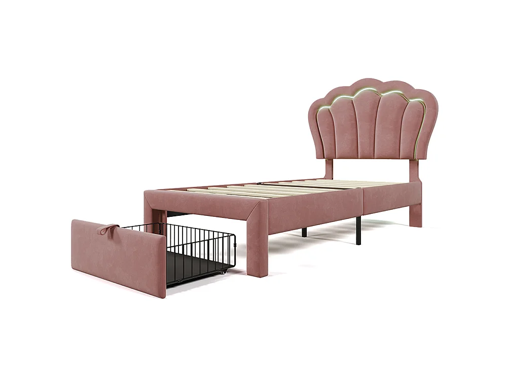 Lit enfant - APP-Control LED - 90x200 cm - Velours rose - LED RVB contrôlable - Sommier inclus - Tiroir