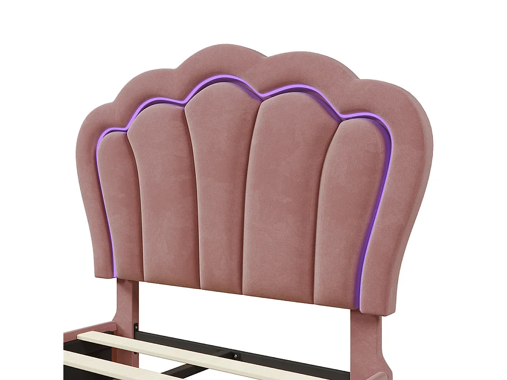 Lit enfant - APP-Control LED - 90x200 cm - Velours rose - LED RVB contrôlable - Sommier inclus - Tiroir