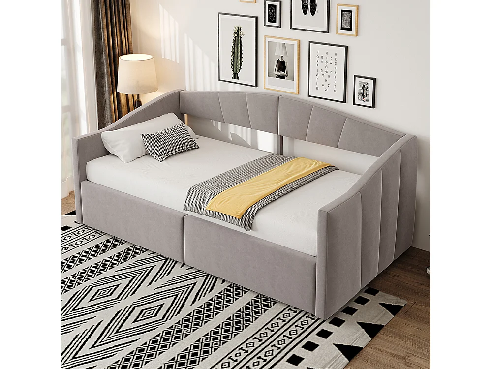Canapé-lit capitonné 90x200 cm - Lit simple avec coffre de rangement - Sommier à lattes - Rayures classiques - Velours - Gris clair