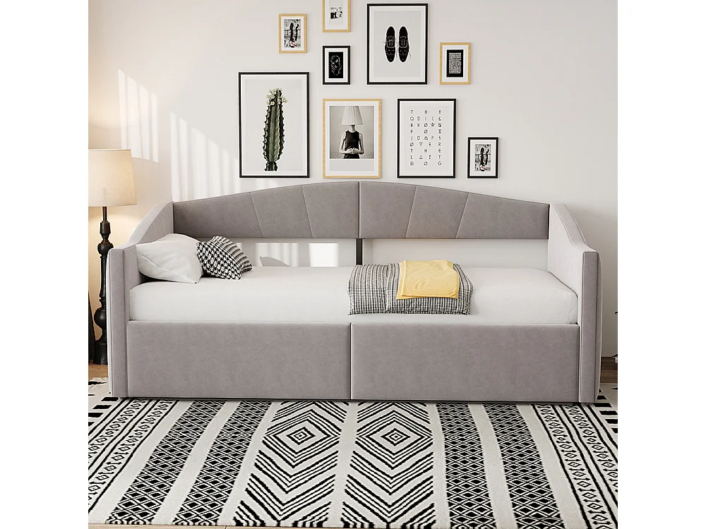 Canapé-lit capitonné 90x200 cm - Lit simple avec coffre de rangement - Sommier à lattes - Rayures classiques - Velours - Gris clair