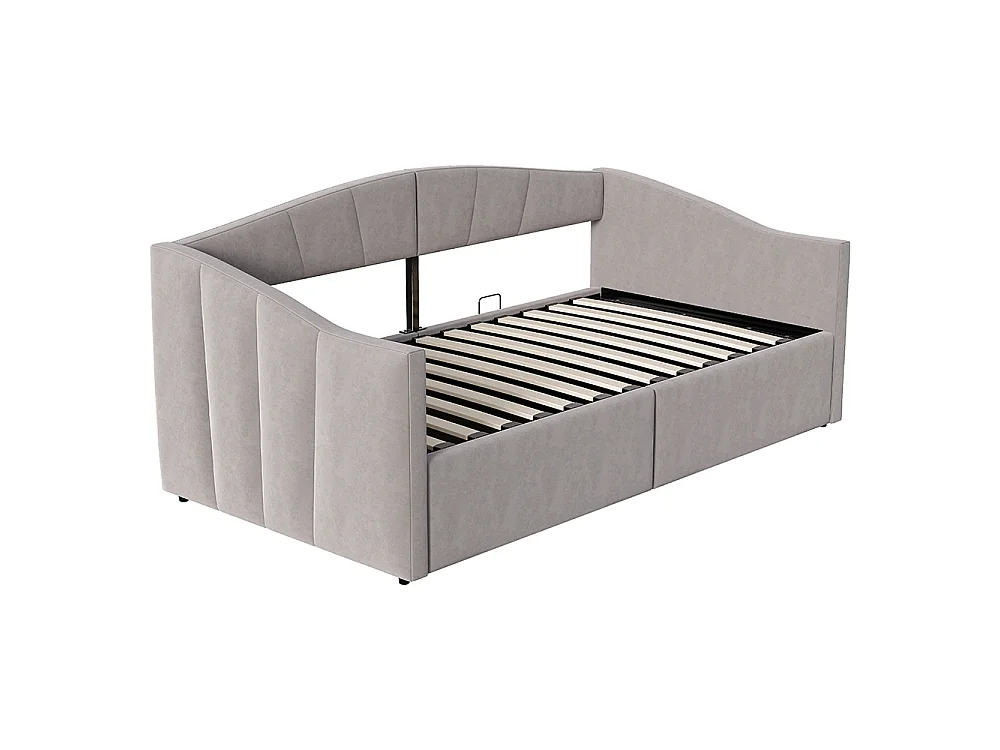 Canapé-lit capitonné 90x200 cm - Lit simple avec coffre de rangement - Sommier à lattes - Rayures classiques - Velours - Gris clair