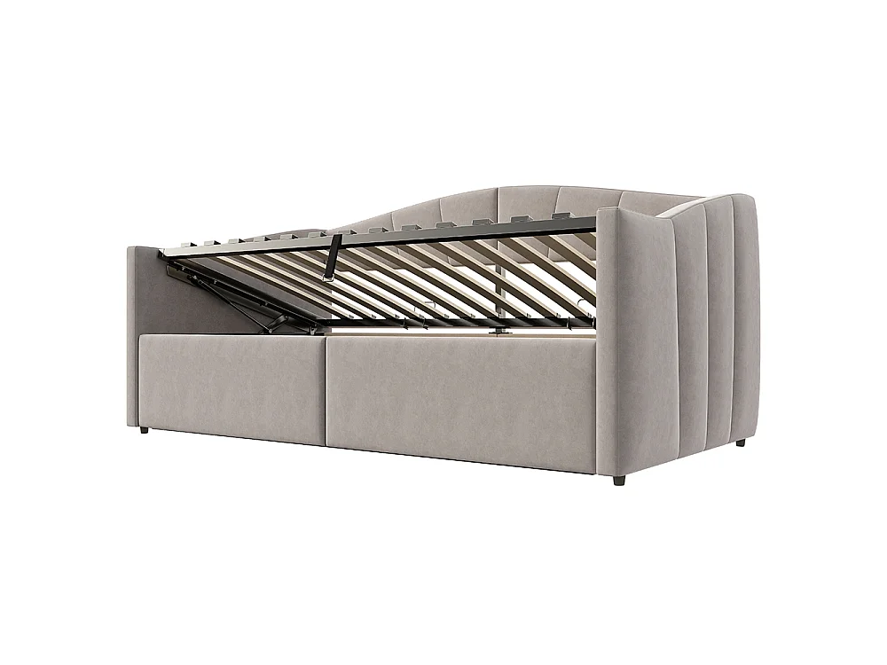 Canapé-lit capitonné 90x200 cm - Lit simple avec coffre de rangement - Sommier à lattes - Rayures classiques - Velours - Gris clair
