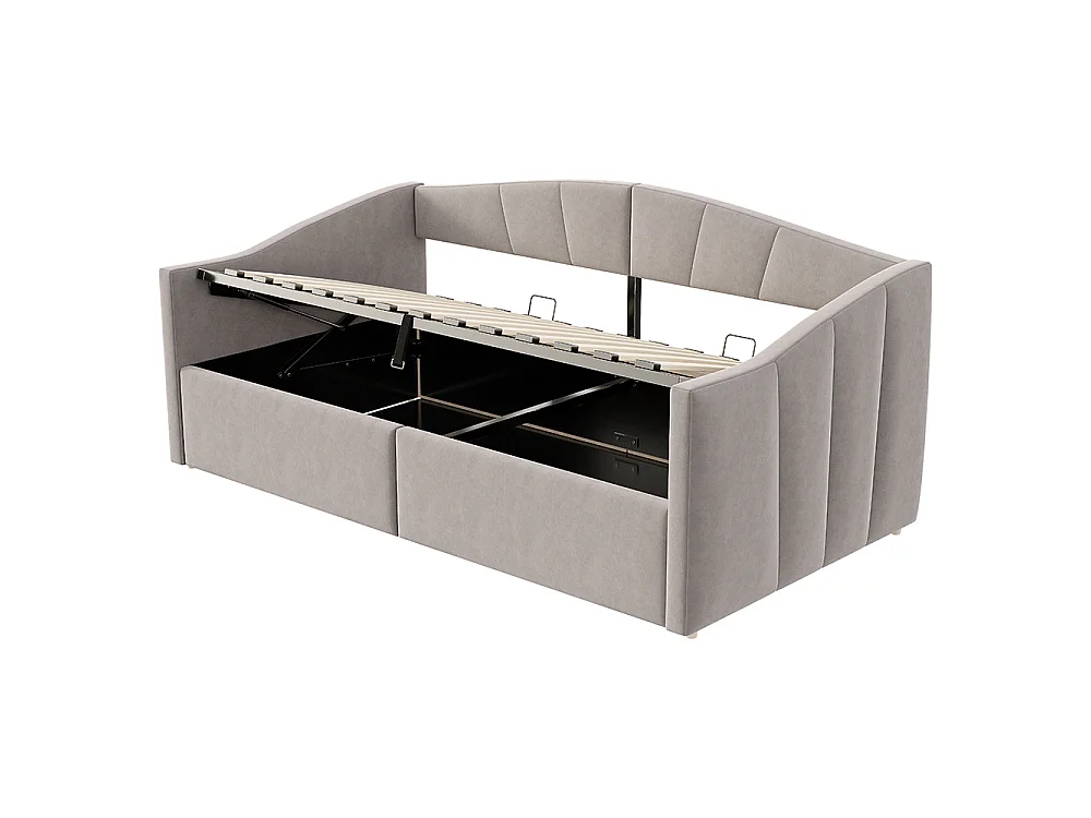 Canapé-lit capitonné 90x200 cm - Lit simple avec coffre de rangement - Sommier à lattes - Rayures classiques - Velours - Gris clair
