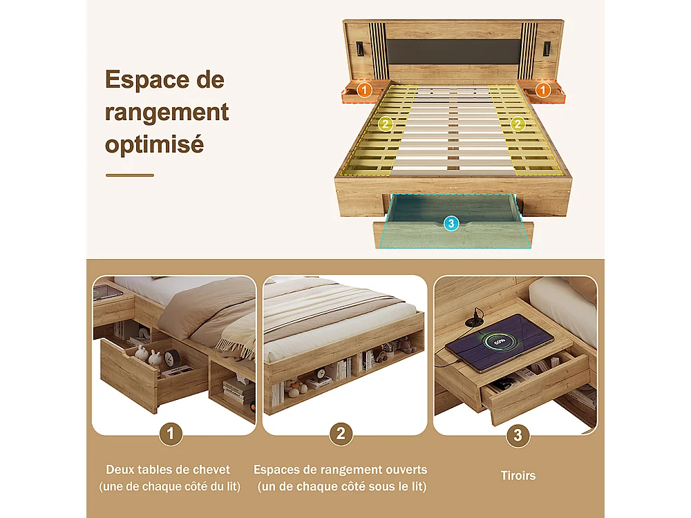 Lit double 180 x 200 cm - avec lampe de lecture - 2 chevet - tiroir - Cadre de lit 2 personnes avec rangement - Sommier à Lattes - Naturel