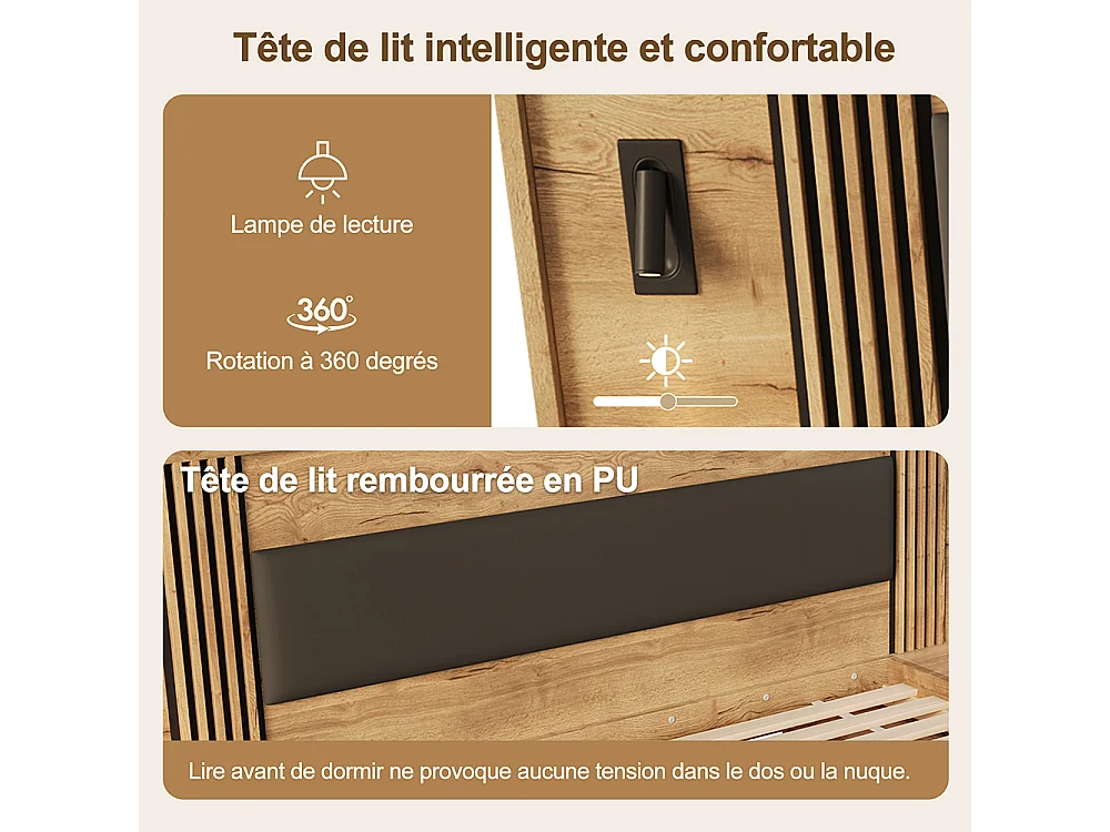 Lit double 180 x 200 cm - avec lampe de lecture - 2 chevet - tiroir - Cadre de lit 2 personnes avec rangement - Sommier à Lattes - Naturel