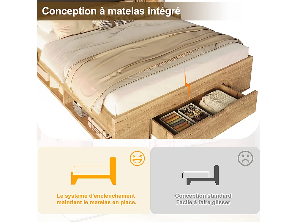 Lit double 180 x 200 cm - avec lampe de lecture - 2 chevet - tiroir - Cadre de lit 2 personnes avec rangement - Sommier à Lattes - Naturel