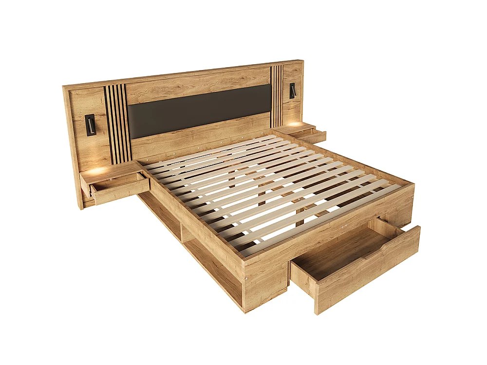 Lit double 180 x 200 cm - avec lampe de lecture - 2 chevet - tiroir - Cadre de lit 2 personnes avec rangement - Sommier à Lattes - Naturel