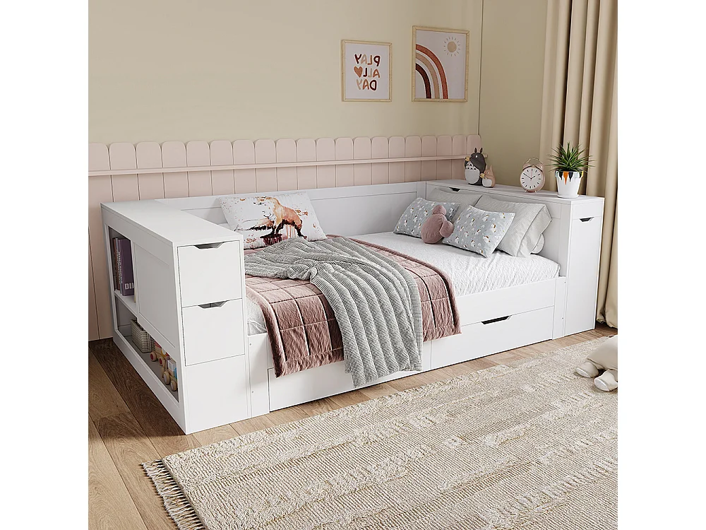 Lit enfant 140x190 cm avec tiroirs, étagères et placards de rangement, Tables de chevet, Sommier à Lattes, Structure en MDF, Blanc