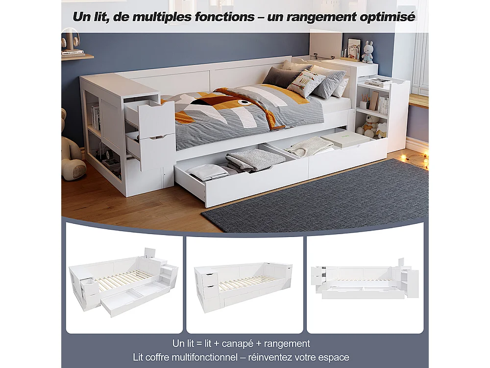 Lit enfant 140x190 cm avec tiroirs, étagères et placards de rangement, Tables de chevet, Sommier à Lattes, Structure en MDF, Blanc