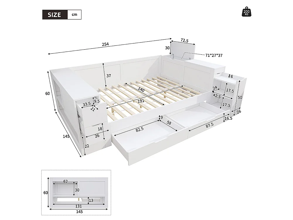Lit enfant 140x190 cm avec tiroirs, étagères et placards de rangement, Tables de chevet, Sommier à Lattes, Structure en MDF, Blanc