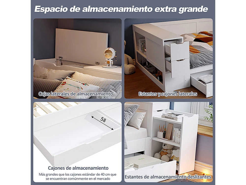Lit enfant 140x190 cm avec tiroirs, étagères et placards de rangement, Tables de chevet, Sommier à Lattes, Structure en MDF, Blanc