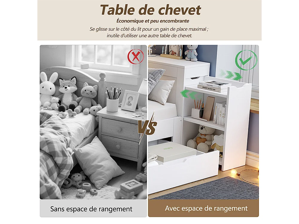 Lit enfant 140x190 cm avec tiroirs, étagères et placards de rangement, Tables de chevet, Sommier à Lattes, Structure en MDF, Blanc
